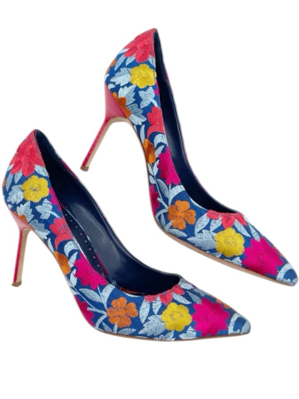 Manolo Blahnik BB 90 Blue Floral Embroidered Pointed Toe Pumps Stiletto Heels 38 - Picture 5 of 13